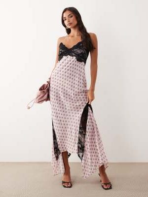 AFRM AFRM Vince printed mesh lace detail cross back midi dress in pink polka dot