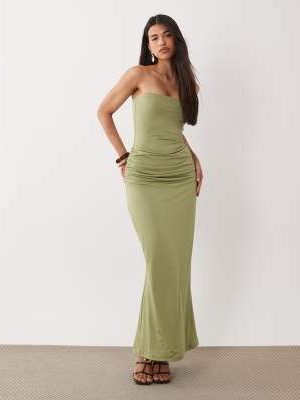 Aria Cove Aria Cove double layered slinky bandeau drape detail maxi dress in light olive