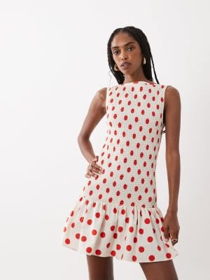 ASOS DESIGN ASOS DESIGN shirred drop waist mini dress in cream and red spots