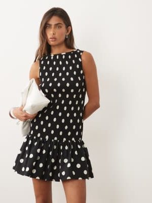 ASOS DESIGN ASOS DESIGN shirred drop waist mini dress in black polka dot
