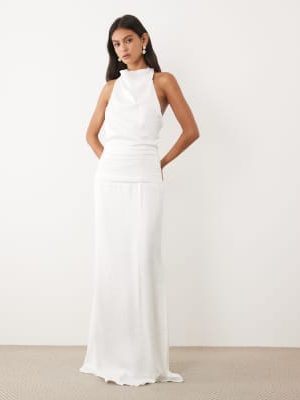 JW PEI JW PEI Bridal satin cowl neck backless drape detail maxi dress in white