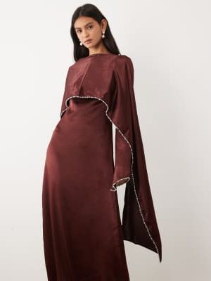 JW PEI JW PEI Exclusive satin pearl trimmed cape sleeve maxi dress in burgundy