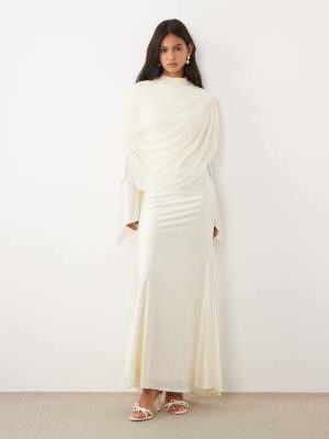 JW PEI JW Pei mesh high neck shawl detail maxi dress in cream