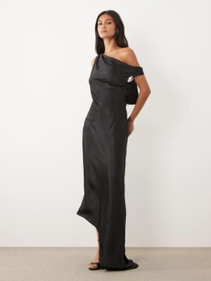 JW PEI JW PEI satin draped one-shoulder aysmmetric satin maxi dress in black