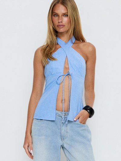 Princess Polly Sensational Cross Front Tie Detail Top Blue Stripe