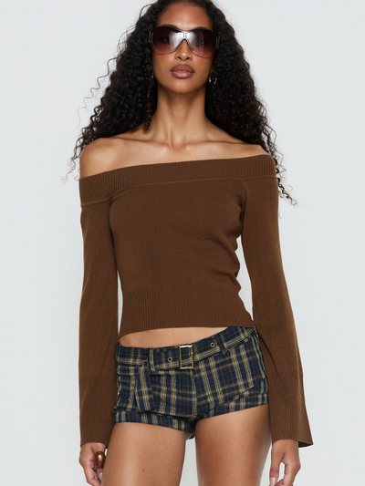 Princess Polly Perrey Long Sleeve Off Shoulder Knit Top Brown