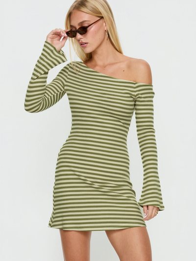 Princess Polly Adrietta Long Sleeve Off Shoulder Mini Dress Cream / Matcha Stripe