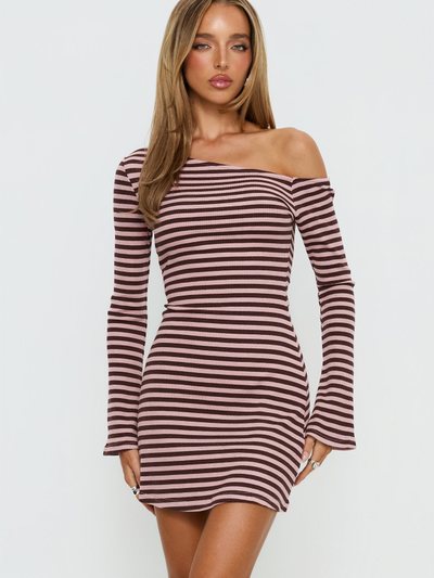 Princess Polly Adrietta Long Sleeve Off Shoulder Mini Dress Chocolate / Pink Stripe