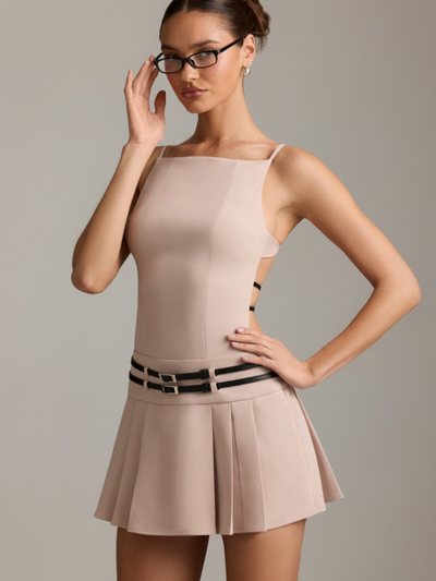 Oh Polly Belted Backless Pleated Mini Dress in Mushroom