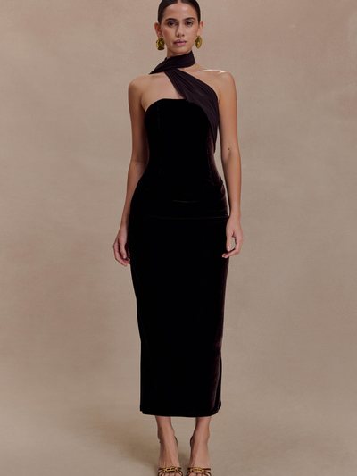 Meshki Mattea Velvet Midi Dress With Scarf - Chocolate