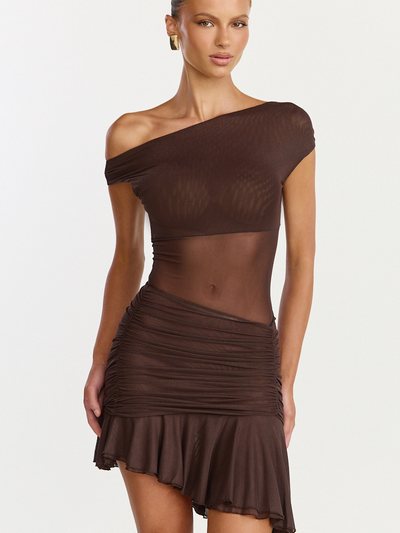 Showpo Ivy Mini Dress - Tip Shoulder Asymmetric Ruched Yoke Dress in Chocolate