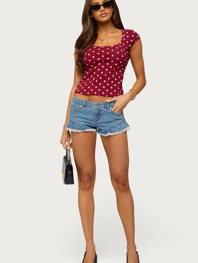 Edikted Roy Ruffle Lace Denim Micro Shorts