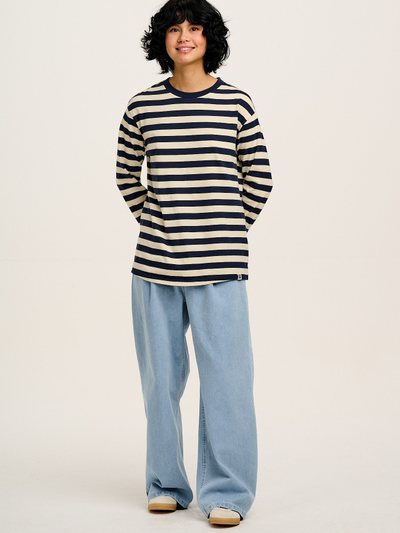Lucy & Yak Kenny - Long Sleeve Skater Cotton T-Shirt in Navy & Ecru Stripe