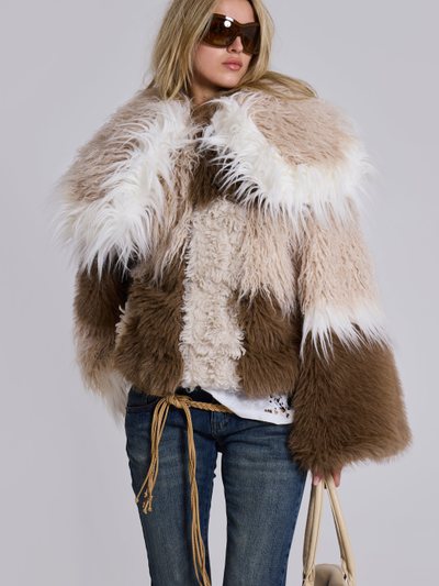 Jaded London Oksana Patchwork Faux Fur Coat in Beige