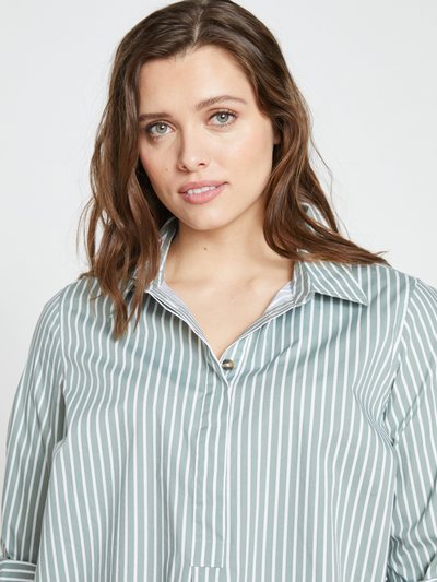 Universal Standard Elbe Popover Stretch Poplin Shirt Classic Fit - Sage/White Stripe