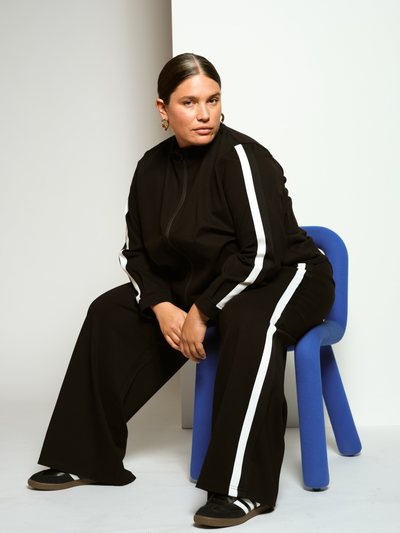 Universal Standard Camden Ponte Bomber Jacket - Black with White/Black Stripe