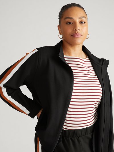 Universal Standard Camden Ponte Bomber Jacket - Black with Ochre/White Stripe