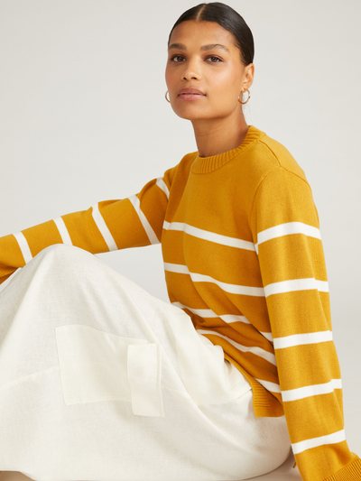 Universal Standard Bardot Wide Sleeve Cotton Sweater - Yellow Ochre/Cream Stripe