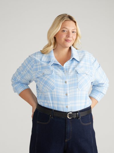 Universal Standard Maine Stretch Flannel Shirt - Teapot Whistle Blue Plaid