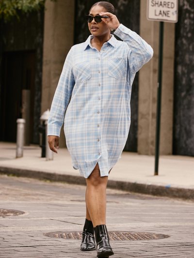 Universal Standard Maine Stretch Flannel Shirtdress - Teapot Whistle Blue Plaid