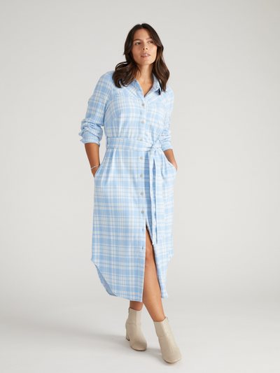 Universal Standard Morgan Belted Stretch Flannel Shirtdress - Teapot Whistle Blue Plaid