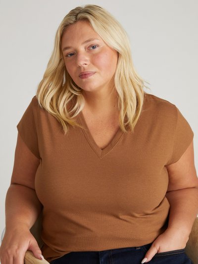 Universal Standard Ashley V Neck Cap Sleeve Tee - Classic Camel