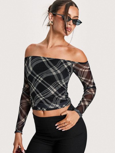 Princesspolly Siarah Off Shoulder Long Sleeve Top Multi Check