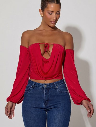 Ohpolly Off-Shoulder Draped Balloon-Sleeve Top in Red