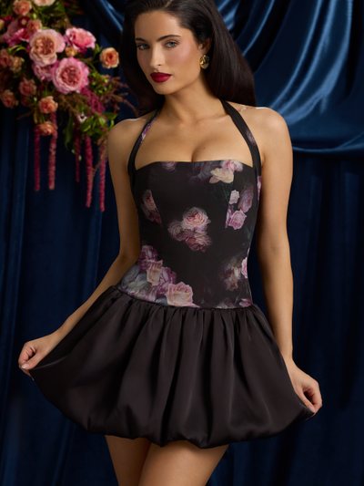 Ohpolly Halterneck Lace-Up Bubble Hem Mini Dress in Black Floral Print
