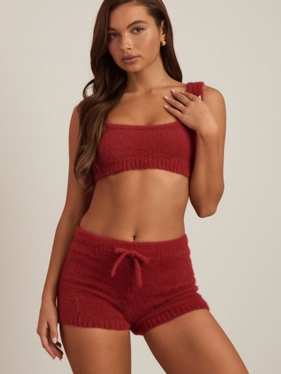 Ohpolly Fluffy Knit Mid-Rise Mini Shorts in Ruby Red