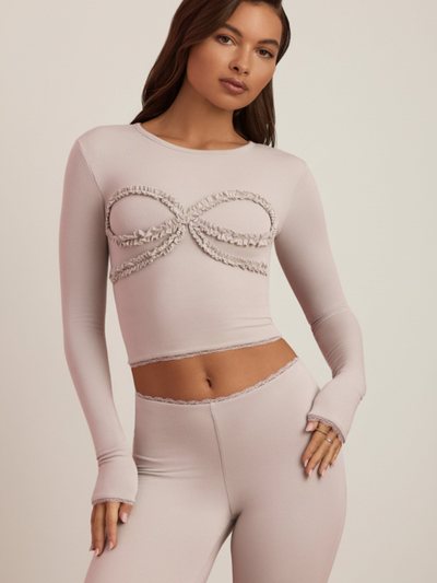 Oh Polly Modal Lace-Trim Appliqué Pyjama Top in Cloud Grey