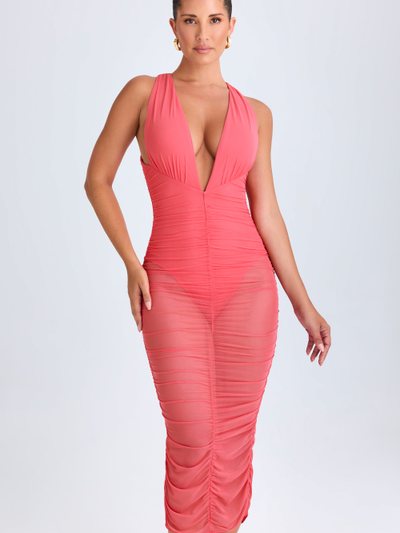 Ohpolly Ruched Plunge Midaxi Dress in Coral