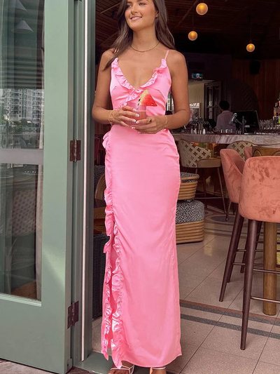 Beginning Boutique Nahanee Pink Satin Ruffle Maxi Dress