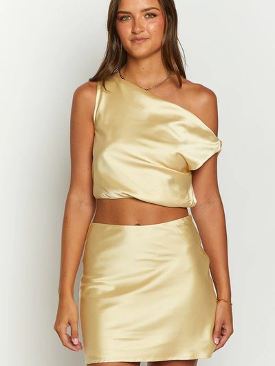 Beginning Boutique Scotlyn Yellow Satin Off The Shoulder Crop Top