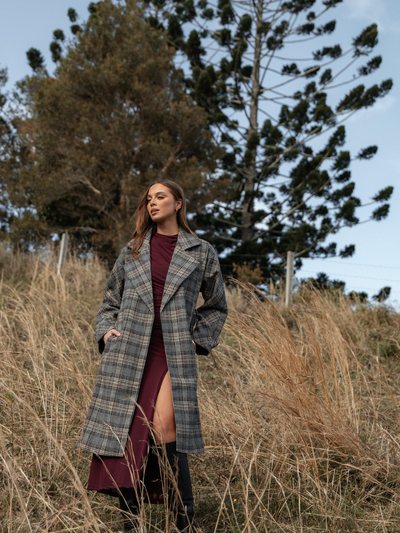 Petalandpup Torie Waist Tie Long Coat - Grey Check