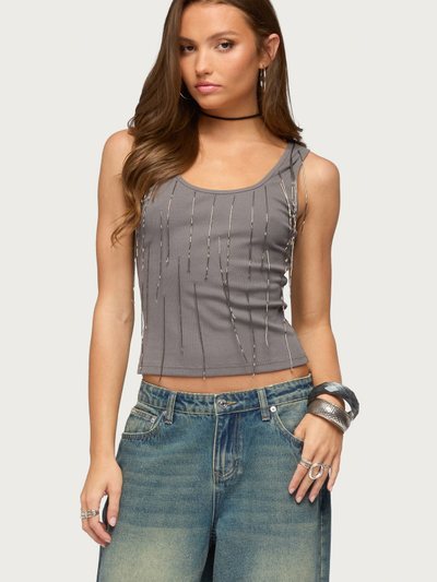 Edikted Beaded Fringe Ribbed Tank Top