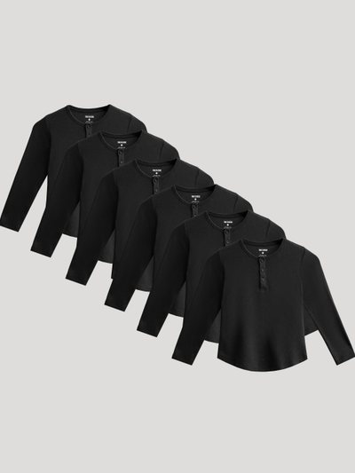 Trueclassictees Boys' All Black Waffle Long Sleeve Curved Hem Henley 6-Pack