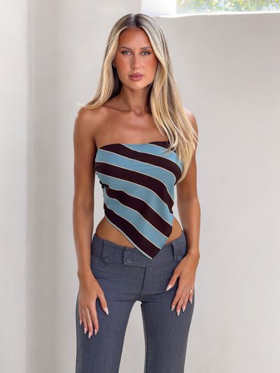 Tiger Mist LENIN SCARF TOP - BLUE AND BROWN STRIPE
