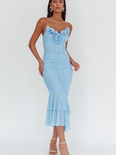 Selfieleslie Nadia Ruffle Neckline Ruched Midi Dress Blue