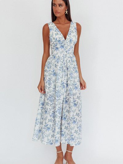 Selfieleslie Spring Dawn Basque Waist Maxi Dress Floral Blue