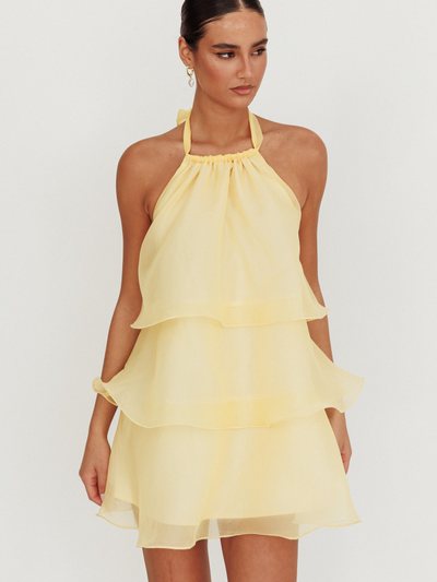 Selfieleslie Tulips Tiered Halterneck Mini Dress Lemon