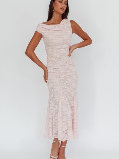 Selfieleslie Diana Asymmetric Shoulder Godet Maxi Dress Lace Pink