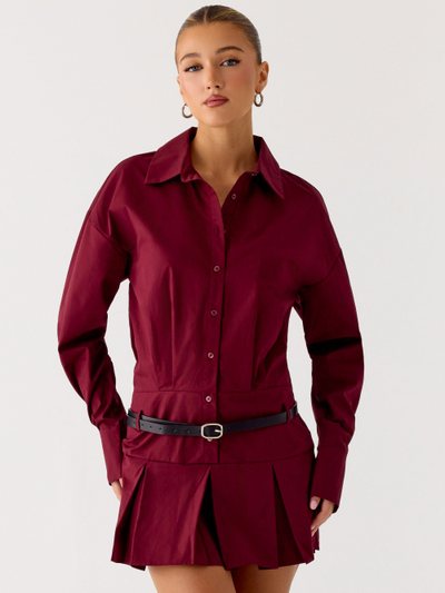 Peppermayo Rio Pleated Shirt Mini Dress - Maroon