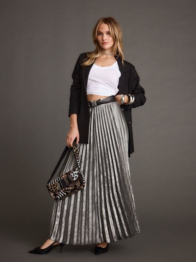 12thtribe Electric Love Gunmetal Metallic Pleated Maxi Skirt