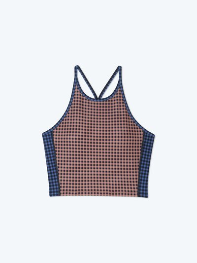 Summersalt The High Neck Midi Sports Bra Tank - Gingham in Blue Mountain & Toffee