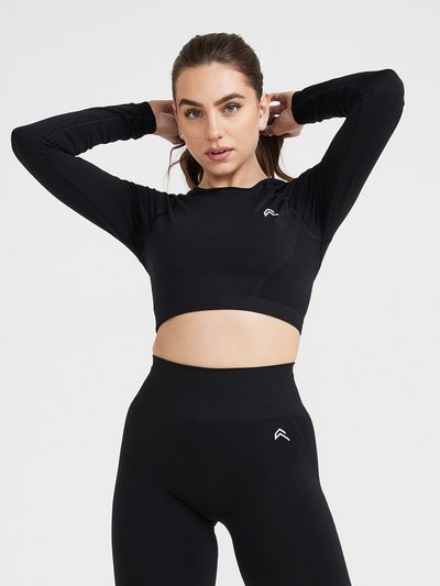 Oneractive EffortlessLift™ Seamless Long Sleeve Crop Top with White Logo | Black