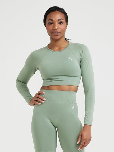 Oneractive EffortlessLift™ Seamless Long Sleeve Crop Top with White Logo | Sage