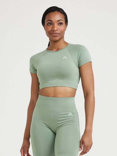 Oneractive EffortlessLift™ Seamless Short Sleeve Crop Top with White Logo | Sage