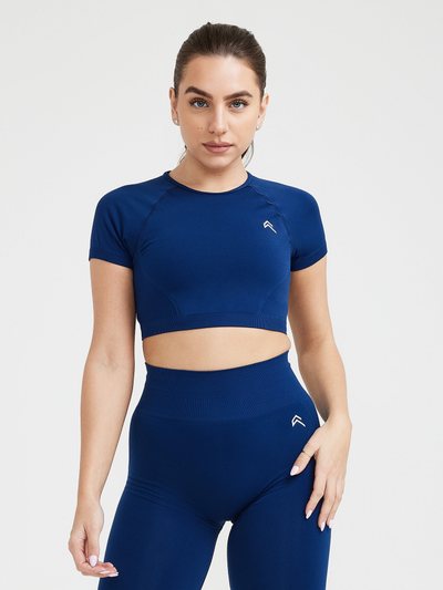 Oneractive EffortlessLift™ Seamless Short Sleeve Crop Top with White Logo | Midnight