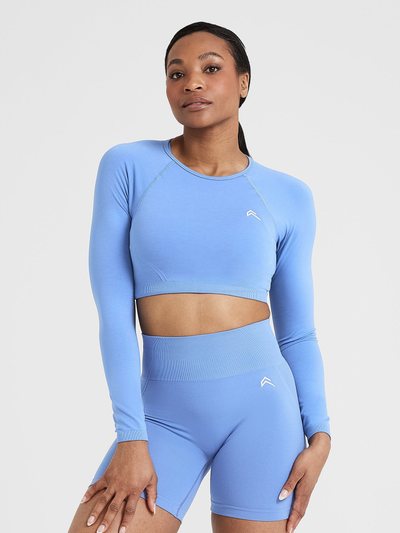 Oneractive EffortlessLift™ Seamless Long Sleeve Crop Top with White Logo | Light Denim
